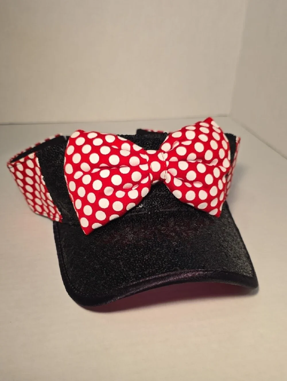 Disney Black Visor Cap with Red White Polka Dot Bow. FABOWLOUS.